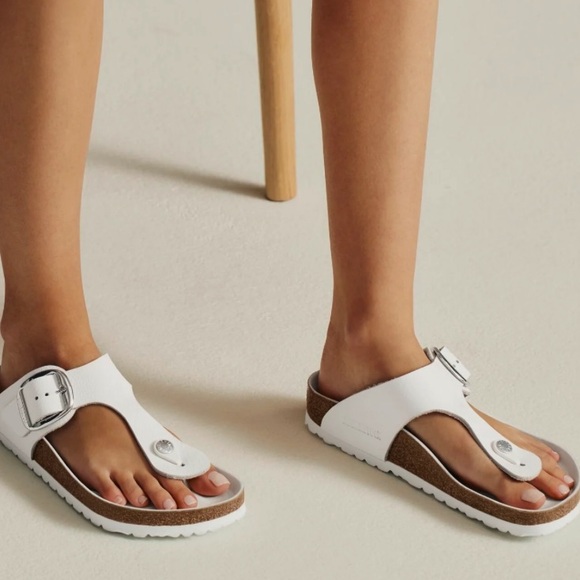 Birkenstock Shoes - Women’s Birkenstock Big Buckle Gizeh White Leather Sandal